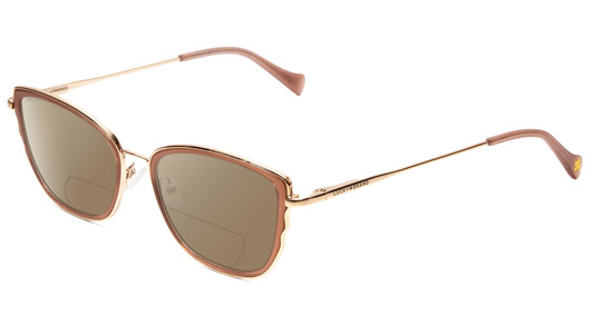 Profile View of Lucky Brand D116 Designer Polarized Reading Sunglasses with Custom Cut Powered Amber Brown Lenses in Beige Gold Wave Ladies Cateye Full Rim Metal 54 mm