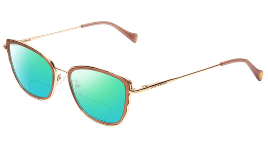 Profile View of Lucky Brand D116 Designer Polarized Reading Sunglasses with Custom Cut Powered Green Mirror Lenses in Beige Gold Wave Ladies Cateye Full Rim Metal 54 mm