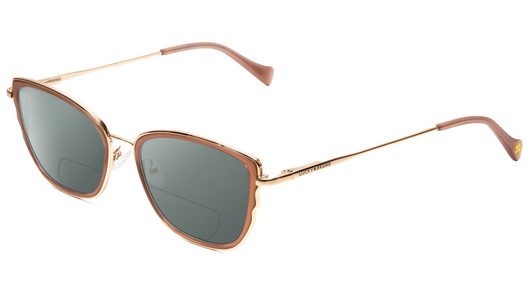 Profile View of Lucky Brand D116 Designer Polarized Reading Sunglasses with Custom Cut Powered Smoke Grey Lenses in Beige Gold Wave Ladies Cateye Full Rim Metal 54 mm