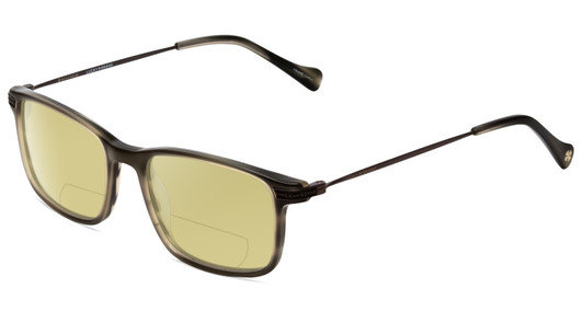 Profile View of Lucky Brand D402 Designer Polarized Reading Sunglasses with Custom Cut Powered Sun Flower Yellow Lenses in Olive Green Marble Grey Silver Unisex Square Full Rim Acetate 51 mm