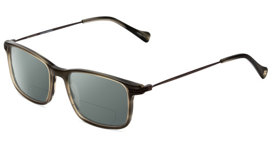 Profile View of Lucky Brand D402 Designer Polarized Reading Sunglasses with Custom Cut Powered Smoke Grey Lenses in Olive Green Marble Grey Silver Unisex Square Full Rim Acetate 51 mm