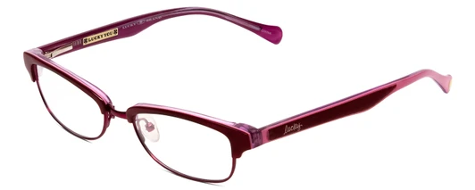 Profile View of Lucky Brand ZUMA Designer Reading Eye Glasses with Custom Cut Powered Lenses in Red Candy Crystal Pink Ladies Cateye Semi-Rimless Acetate 51 mm