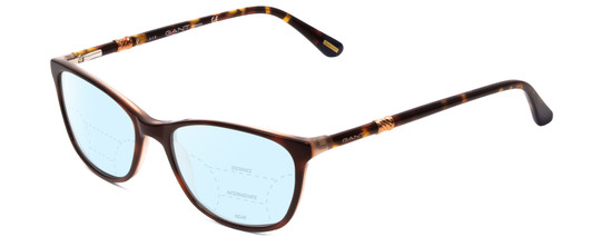 Profile View of GANT GA4082 Designer Progressive Lens Blue Light Blocking Eyeglasses in Tortoise Havana Brown Gold Ladies Cateye Full Rim Acetate 52 mm with Blue Light Zone functionality illustration laid over the lens