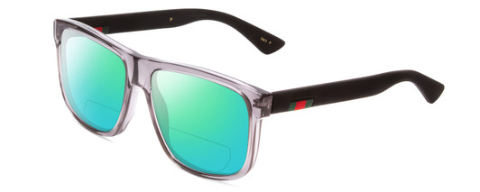 Profile View of GUCCI GG0010S Designer Polarized Reading Sunglasses with Custom Cut Powered Green Mirror Lenses in Gray Smoke Crystal Matte Black Mens Retro Full Rim Acetate 58 mm