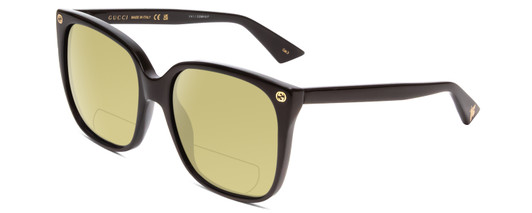 Profile View of GUCCI GG0022S Designer Polarized Reading Sunglasses with Custom Cut Powered Sun Flower Yellow Lenses in Gloss Black Gold Logo Ladies Cateye Full Rim Acetate 57 mm