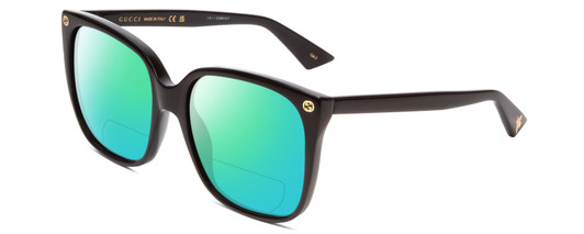 Profile View of GUCCI GG0022S Designer Polarized Reading Sunglasses with Custom Cut Powered Green Mirror Lenses in Gloss Black Gold Logo Ladies Cateye Full Rim Acetate 57 mm