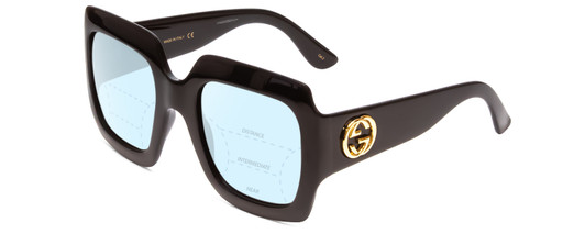 Profile View of GUCCI GG0053S Designer Progressive Lens Blue Light Blocking Eyeglasses in Gloss Black Gold Logo Ladies Oversized Full Rim Acetate 54 mm with Blue Light Zone functionality illustration laid over the lens