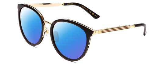 Profile View of GUCCI GG0077SK Designer Polarized Sunglasses with Custom Cut Blue Mirror Lenses in Gloss Black Gold Logo Ladies Cateye Full Rim Acetate 56 mm