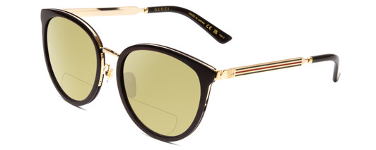 Profile View of GUCCI GG0077SK Designer Polarized Reading Sunglasses with Custom Cut Powered Sun Flower Yellow Lenses in Gloss Black Gold Logo Ladies Cateye Full Rim Acetate 56 mm