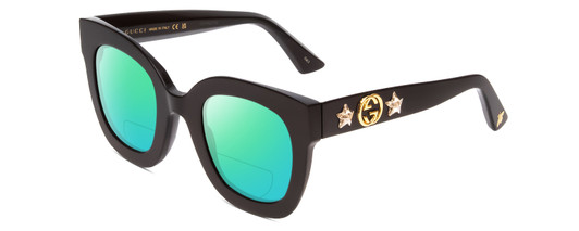 Profile View of GUCCI GG0208S Designer Polarized Reading Sunglasses with Custom Cut Powered Green Mirror Lenses in Gloss Black Gold Logo Silver Star Ladies Cateye Full Rim Acetate 49 mm