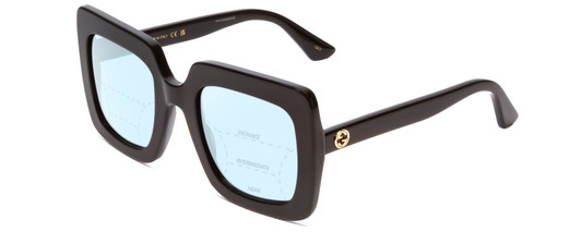 Profile View of GUCCI GG0328S Designer Progressive Lens Blue Light Blocking Eyeglasses in Gloss Black Gold Logo Ladies Square Full Rim Acetate 53 mm with Blue Light Zone functionality illustration laid over the lens