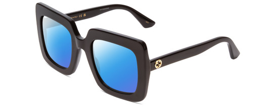 Profile View of GUCCI GG0328S Designer Polarized Sunglasses with Custom Cut Blue Mirror Lenses in Gloss Black Gold Logo Ladies Square Full Rim Acetate 53 mm