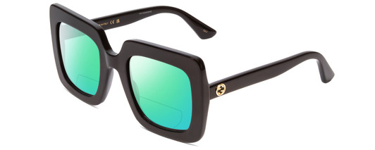Profile View of GUCCI GG0328S Designer Polarized Reading Sunglasses with Custom Cut Powered Green Mirror Lenses in Gloss Black Gold Logo Ladies Square Full Rim Acetate 53 mm