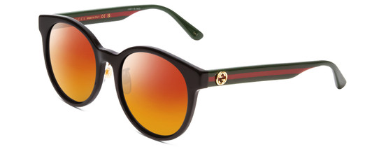 Profile View of GUCCI GG0416SK Designer Polarized Sunglasses with Custom Cut Red Mirror Lenses in Gloss Black Red Stripe Green Gold Ladies Round Full Rim Acetate 55 mm