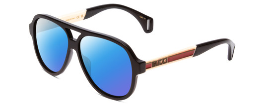 Profile View of GUCCI GG0463S Designer Polarized Sunglasses with Custom Cut Blue Mirror Lenses in Gloss Black Red Stripe Gold Unisex Aviator Full Rim Acetate 58 mm