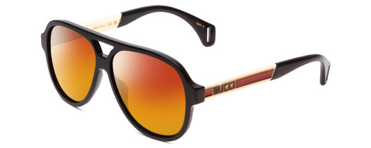 Profile View of GUCCI GG0463S Designer Polarized Sunglasses with Custom Cut Red Mirror Lenses in Gloss Black Red Stripe Gold Unisex Aviator Full Rim Acetate 58 mm