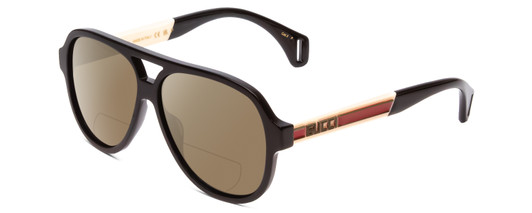 Profile View of GUCCI GG0463S Designer Polarized Reading Sunglasses with Custom Cut Powered Amber Brown Lenses in Gloss Black Red Stripe Gold Unisex Aviator Full Rim Acetate 58 mm