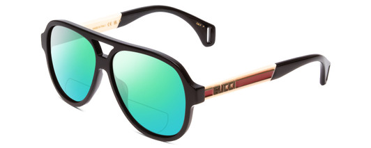 Profile View of GUCCI GG0463S Designer Polarized Reading Sunglasses with Custom Cut Powered Green Mirror Lenses in Gloss Black Red Stripe Gold Unisex Aviator Full Rim Acetate 58 mm