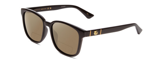 Profile View of GUCCI GG0637SK Designer Polarized Reading Sunglasses with Custom Cut Powered Amber Brown Lenses in Gloss Black Gold Logo Mens Cateye Full Rim Acetate 56 mm