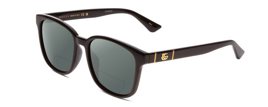 Profile View of GUCCI GG0637SK Designer Polarized Reading Sunglasses with Custom Cut Powered Smoke Grey Lenses in Gloss Black Gold Logo Mens Cateye Full Rim Acetate 56 mm