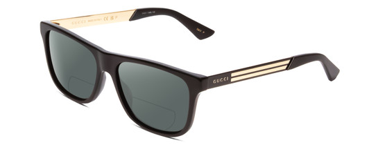 Profile View of GUCCI GG0687S Designer Polarized Reading Sunglasses with Custom Cut Powered Smoke Grey Lenses in Gloss Black Gold Matte Mens Retro Full Rim Acetate 57 mm