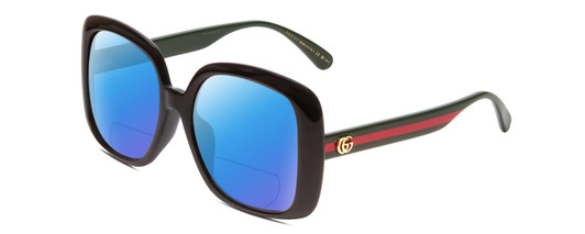 Profile View of GUCCI GG0714SA Designer Polarized Reading Sunglasses with Custom Cut Powered Blue Mirror Lenses in Gloss Black Red Stripe Green Gold Logo Ladies Oversized Full Rim Acetate 56 mm
