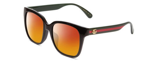 Profile View of GUCCI GG0715SA Designer Polarized Sunglasses with Custom Cut Red Mirror Lenses in Gloss Black Red Stripe Green Gold Logo Ladies Square Full Rim Acetate 53 mm