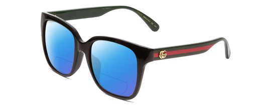 Profile View of GUCCI GG0715SA Designer Polarized Reading Sunglasses with Custom Cut Powered Blue Mirror Lenses in Gloss Black Red Stripe Green Gold Logo Ladies Square Full Rim Acetate 53 mm