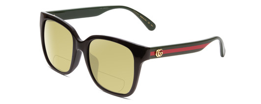 Profile View of GUCCI GG0715SA Designer Polarized Reading Sunglasses with Custom Cut Powered Sun Flower Yellow Lenses in Gloss Black Red Stripe Green Gold Logo Ladies Square Full Rim Acetate 53 mm