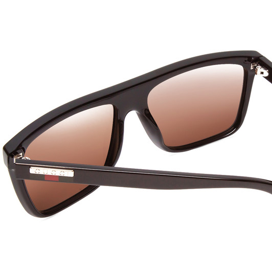 Close Up View of GUCCI GG0748S Men Square Designer Sunglasses in Black Gold Logo/Brown Amber 59mm