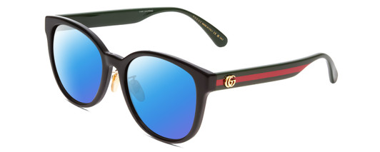 Profile View of GUCCI GG0854SK Designer Polarized Sunglasses with Custom Cut Blue Mirror Lenses in Gloss Black Red Stripe Green Gold Logo Ladies Cateye Full Rim Acetate 56 mm