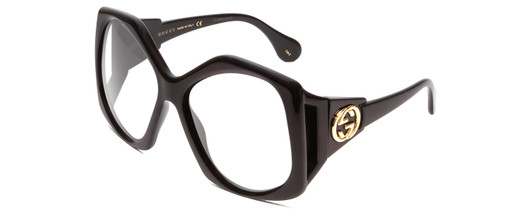 Profile View of GUCCI GG0875S Designer Blue Light Blocking Eyeglasses in Gloss Black Gold Logo Hexagon Ladies Oversized Full Rim Acetate 62 mm