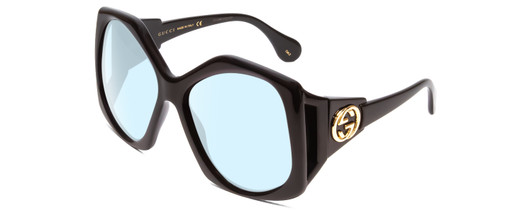 Profile View of GUCCI GG0875S Designer Blue Light Blocking Eyeglasses in Gloss Black Gold Logo Hexagon Ladies Oversized Full Rim Acetate 62 mm