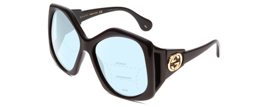 Profile View of GUCCI GG0875S Designer Progressive Lens Blue Light Blocking Eyeglasses in Gloss Black Gold Logo Hexagon Ladies Oversized Full Rim Acetate 62 mm with Blue Light Zone functionality illustration laid over the lens