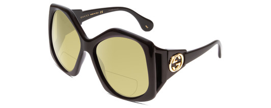 Profile View of GUCCI GG0875S Designer Polarized Reading Sunglasses with Custom Cut Powered Sun Flower Yellow Lenses in Gloss Black Gold Logo Hexagon Ladies Oversized Full Rim Acetate 62 mm