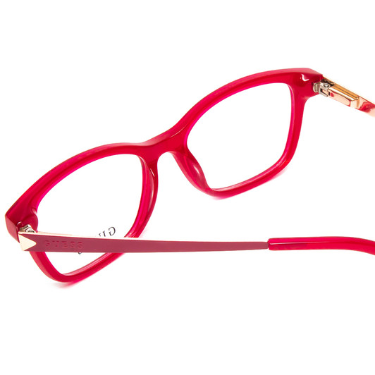 Close Up View of Guess GU9177 Designer Progressive Lens Prescription Rx Eyeglasses in Crystal Pink Red Ladies Cateye Full Rim Acetate 47 mm