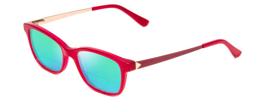 Profile View of Guess GU9177 Designer Polarized Reading Sunglasses with Custom Cut Powered Green Mirror Lenses in Crystal Pink Red Ladies Cateye Full Rim Acetate 47 mm