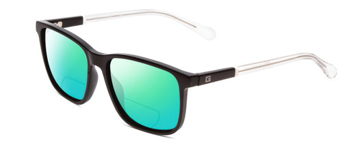 Profile View of Guess GU6944 Designer Polarized Reading Sunglasses with Custom Cut Powered Green Mirror Lenses in Shiny Black Crystal Clear Unisex Classic Full Rim Acetate 56 mm