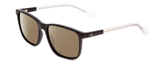 Profile View of Guess GU6944 Designer Polarized Reading Sunglasses with Custom Cut Powered Amber Brown Lenses in Shiny Black Crystal Clear Unisex Classic Full Rim Acetate 56 mm
