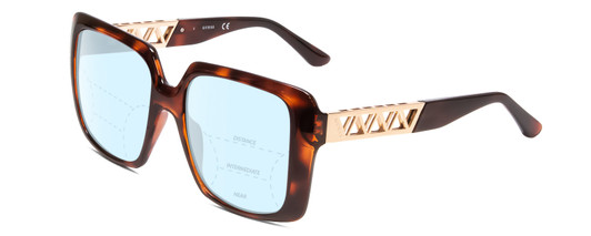 Profile View of Guess GU7689 Designer Progressive Lens Blue Light Blocking Eyeglasses in Tortoise Havana Brown Gold Ladies Oversized Full Rim Acetate 55 mm with Blue Light Zone functionality illustration laid over the lens