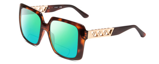 Profile View of Guess GU7689 Designer Polarized Reading Sunglasses with Custom Cut Powered Green Mirror Lenses in Tortoise Havana Brown Gold Ladies Oversized Full Rim Acetate 55 mm
