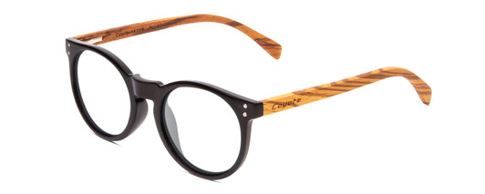 Profile View of Coyote Beachwood II Designer Single Vision Prescription Rx Eyeglasses in Gloss Black Zebra Grey Unisex Round Full Rim Wood 48 mm