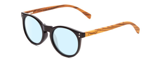 Profile View of Coyote Beachwood II Designer Blue Light Blocking Eyeglasses in Gloss Black Zebra Grey Unisex Round Full Rim Wood 48 mm