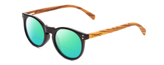 Profile View of Coyote Beachwood II Designer Polarized Reading Sunglasses with Custom Cut Powered Green Mirror Lenses in Gloss Black Zebra Grey Unisex Round Full Rim Wood 48 mm