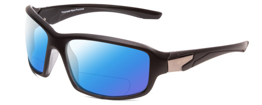 Profile View of Coyote Cascade Designer Polarized Reading Sunglasses with Custom Cut Powered Blue Mirror Lenses in Matte Black Unisex Wrap Full Rim Acetate 60 mm