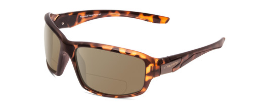 Profile View of Coyote Cascade Designer Polarized Reading Sunglasses with Custom Cut Powered Amber Brown Lenses in Matte Tortoise Unisex Wrap Full Rim Acetate 60 mm