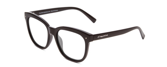 Profile View of Coyote Cheyenne Designer Progressive Lens Blue Light Blocking Eyeglasses in Gloss Black Ladies Square Full Rim Acetate 52 mm with Blue Light Zone functionality illustration laid over the lens