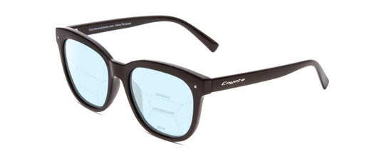 Profile View of Coyote Cheyenne Designer Progressive Lens Blue Light Blocking Eyeglasses in Gloss Black Ladies Square Full Rim Acetate 52 mm with Blue Light Zone functionality illustration laid over the lens