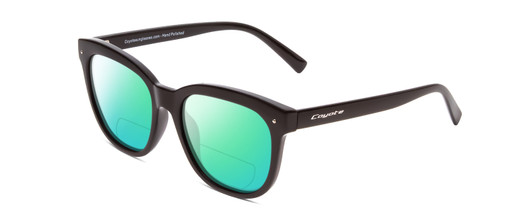 Profile View of Coyote Cheyenne Designer Polarized Reading Sunglasses with Custom Cut Powered Green Mirror Lenses in Gloss Black Ladies Square Full Rim Acetate 52 mm