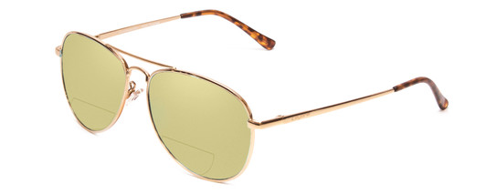 Profile View of Coyote Classic II Designer Polarized Reading Sunglasses with Custom Cut Powered Sun Flower Yellow Lenses in Gold Brown Ladies Aviator Full Rim Metal 55 mm